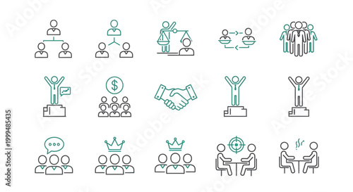 Business meeting icons and illustrations representing leadership, teamwork, partnership, and corporate success with graphic elements
