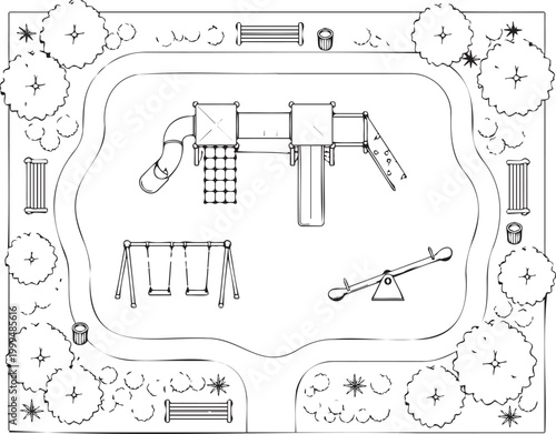 Dynamic overhead animated blueprint view showcasing a comprehensive outdoor children's playground design featuring multiple play structures and recreational equipment layout motion footage.