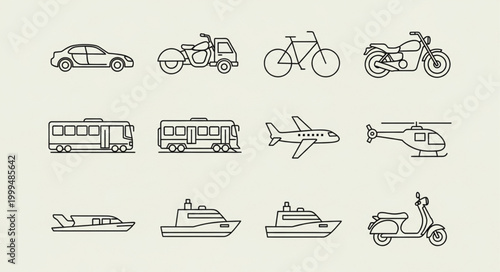 Collection of Hand Drawn Transportation Vehicles Icons Set.