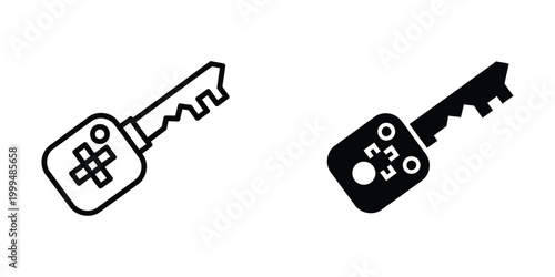 Simple black and white line drawing of a key with a house and lock design