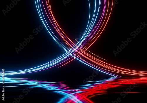 Abstract neon light trails reflecting on dark surface