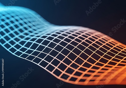 Wavy grid surface with blue orange gradient and dark background