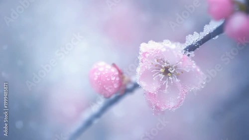 Delicate pink blossoms emerge, adorned with glistening frost and soft snow. A serene winter scene captures nature's fragile beauty and hope.