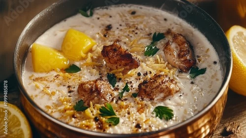 Creamy soup with chicken, cheese, and lemon. A delicious and hearty meal.