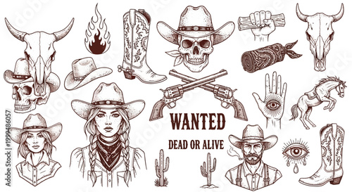 Detailed Hand-Drawn Wild West and Cowboy Themed Graphic Elements Collection Featuring Vintage Outlaw Skulls, Hats, Boots, and Revolvers for Retro Design Projects