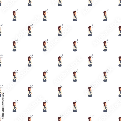 Woman standing, contemplating with question marks above her head in a seamless pattern