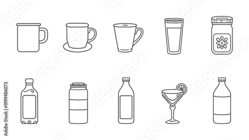 Drink Collection Icons: A clean and minimalist collection of beverage icons, from cups and glasses to bottles and a cocktail, perfect for any design project needing drink symbols. 