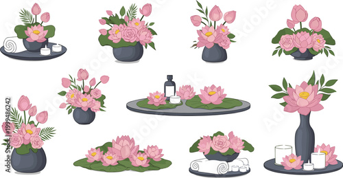 Pink Lotus Tulip Flower Bouquet Vase Arrangement Table Decoration Elegant Flat Vector Illustration Set Collection