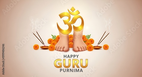 Golden om symbol above feet with marigold flowers and incense for guru purnima celebration