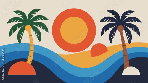 A minimalist illustration of palm trees a sun and ocean waves in warm tones
