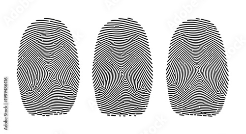An abstract representation of three identical fingerprints, showcasing the intricate details and patterns of a human's unique identification marks against a clean white background, 