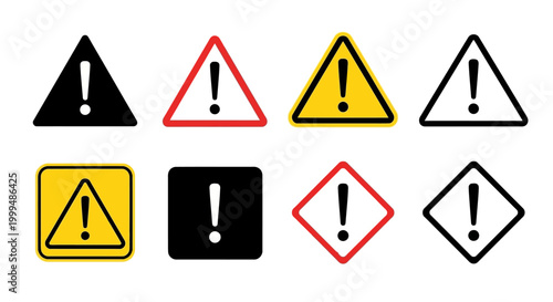 A versatile collection of eight distinct warning and caution symbols, featuring prominent exclamation marks within various geometric shapes like triangles, squares, and diamonds, 