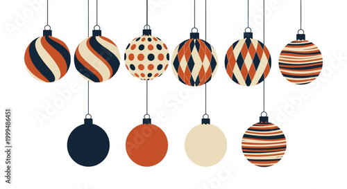 Set of festive hanging Christmas baubles with abstract geometric patterns in autumnal colors, festive holiday decoration