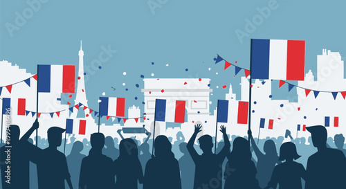 People celebrate with flags in a festive city event at night