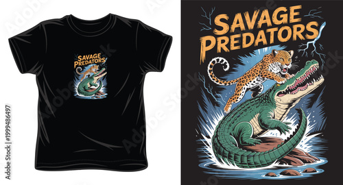 Savage predators leopard fighting alligator in water splash, lightning storm.