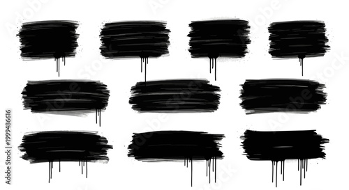 Dynamic collection of abstract black ink brush strokes with paint drips, offering versatile grunge artistic elements for graphic design projects, text backgrounds, and decorative borders