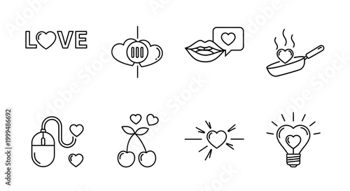 Collection of romantic and love-themed icons, including a heart-shaped lightbulb, cherries, and a steaming pan, symbolizing affection and relationships