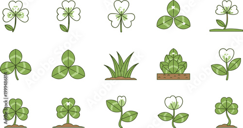 Green Clover Shamrock Leaf Plant Icon Symbol Flat Style Vector Illustration Set Collection Design