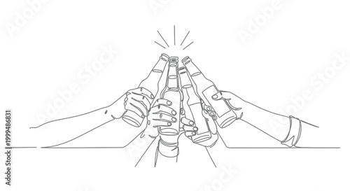 Schilderij op canvas Friends clinking bottles, celebration toast line art illustration
