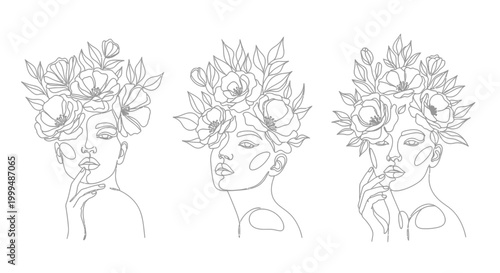 Fotografi Three women faces floral headwear line art, elegant portraits