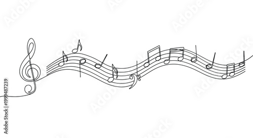 Wavy musical score   continuous line art with isolated on a white background