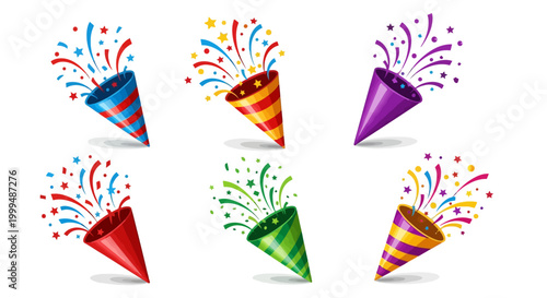 Collection of festive party poppers exploding with colorful confetti and streamers, celebrating joy and fun