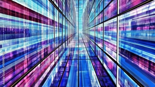 A vibrant digital tunnel showcases abstract data flowing rapidly. Futuristic glass walls reflect bright blue and purple light.