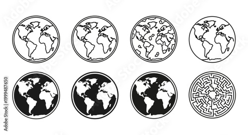 Collection of Earth planet globes in various artistic styles, from line art to maze patterns