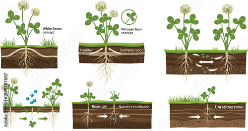 White Clover Plant Root System Soil Cross Section Nitrogen Fixation Biology Educational Vector Illustration Set
