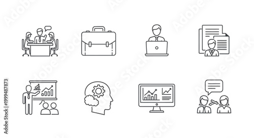 A comprehensive collection of line art icons depicting various business concepts, office interactions, team meetings, data analysis, and professional presentations for modern design projects
