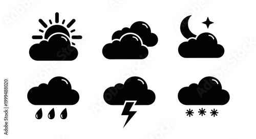 Collection of black silhouette weather icons representing various atmospheric conditions such as sunny, cloudy, rainy, stormy, and snowy forecasts for web design and graphic projects