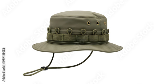 Tactical boonie hat in olive drab green, military style sun protection headwear with chin strap, outdoor safari bush hat for hiking and camping