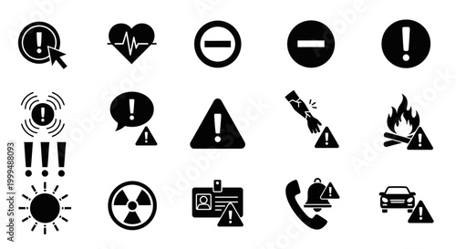 Collection of caution and warning icons representing common hazards and important information for safety and alerts
