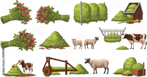 Farm Animals Clover Hay Bundle Sheep Cow Barn Rural Agriculture Vintage Vector Illustration Set