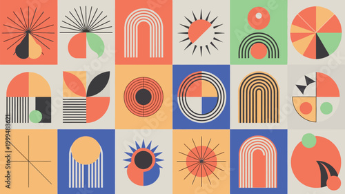 Abstract geometric pattern with colorful shapes and a retro mid century aesthetic