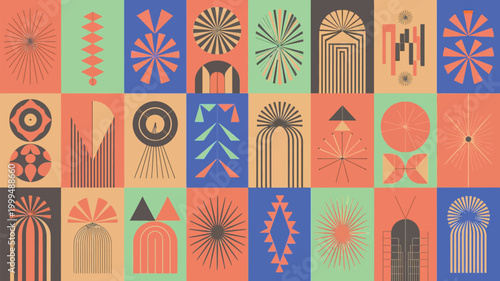 Abstract geometric patterns in vibrant colors creating a tiled modern aesthetic