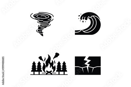 Four Black Silhouette Natural Catastrophe Icon Featuring Storm Wave Forest Fire and Ground Crack