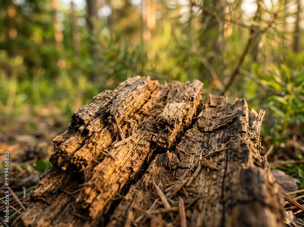 Fototapeta premium The textured surface of a weathered tree stump, intricately detailed, rests amidst the dappled sunlight of a vibrant forest. The close-up shot captures the raw beauty of nature's textures.