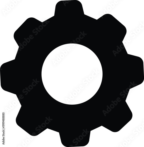 Art & Illustration, Solid black gear wheel icon for system preferences and industrial manufacturing.