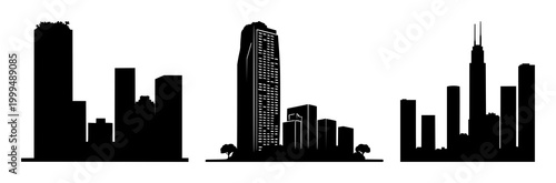 Green skyscraper icon set with solid black silhouette on white background featuring vertical greenery, urban forestry, sustainable architecture with eco-friendly and urban renewal
