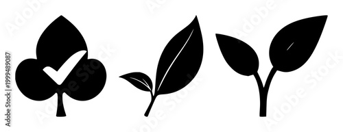 Biodegradable leaf checkmark icon set with solid black lines on white background featuring eco friendly, sustainability, green design with recycle symbol and nature
