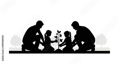 Family planting a tree silhouette on transparent background