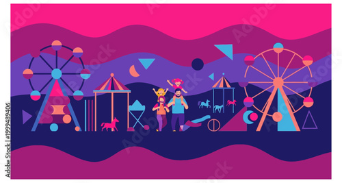 Amusement park illustration with ferris wheel and people on transparent background