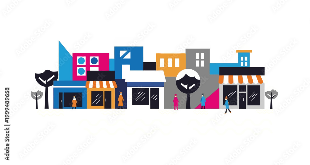 Obraz premium Stylized city street illustration with people on transparent background