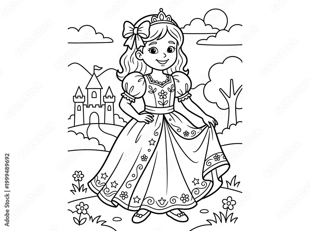 Fototapeta premium Line drawing of a happy cartoon princess in a ball gown standing in front of a castle with a bow in her hair coloring page black and white princess