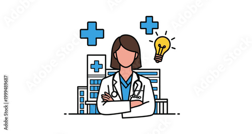 Female doctor with medical icons and lightbulb on transparent background