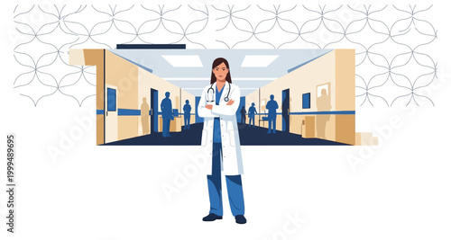 Female doctor in hospital corridor illustration on transparent background