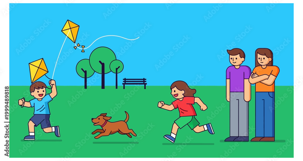 Fototapeta premium Family Flying Kites In Park Vector Illustration On Transparent Background