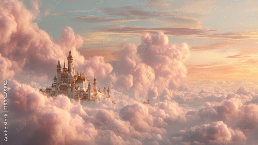 Fototapeta premium Fairytale castle floating above clouds at sunset. Magical palace in sky. Surreal kingdom fantasy landscape. Dreamy atmosphere for children story illustration, book cover and creative design.