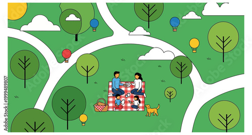 Family picnic in park illustration with trees and hot air balloons on transparent background